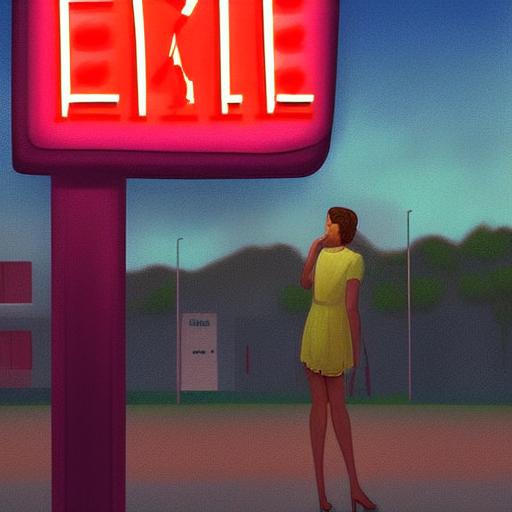 Jane, standing outside the motel, looking up at the sign that reads 